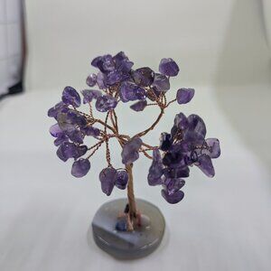 Amethyst Healing Crystals Stones Tree Wire Wrapped on Natural Agate Slice Base H